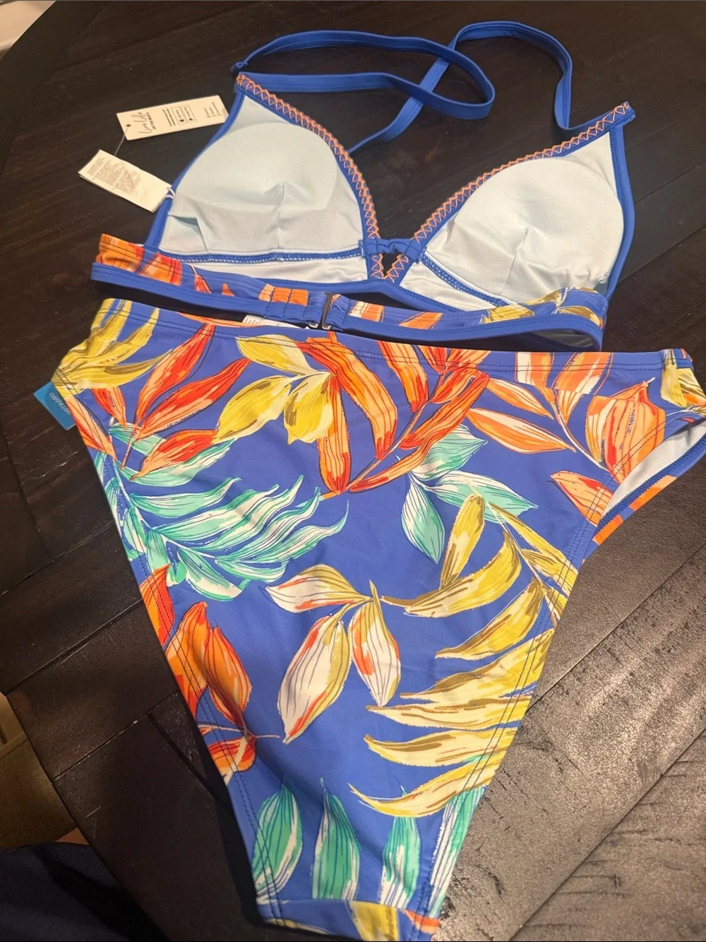 Cupshe Blue Tropical Leaf Print Piece Bikini NWT Top Size M Bottom Size L